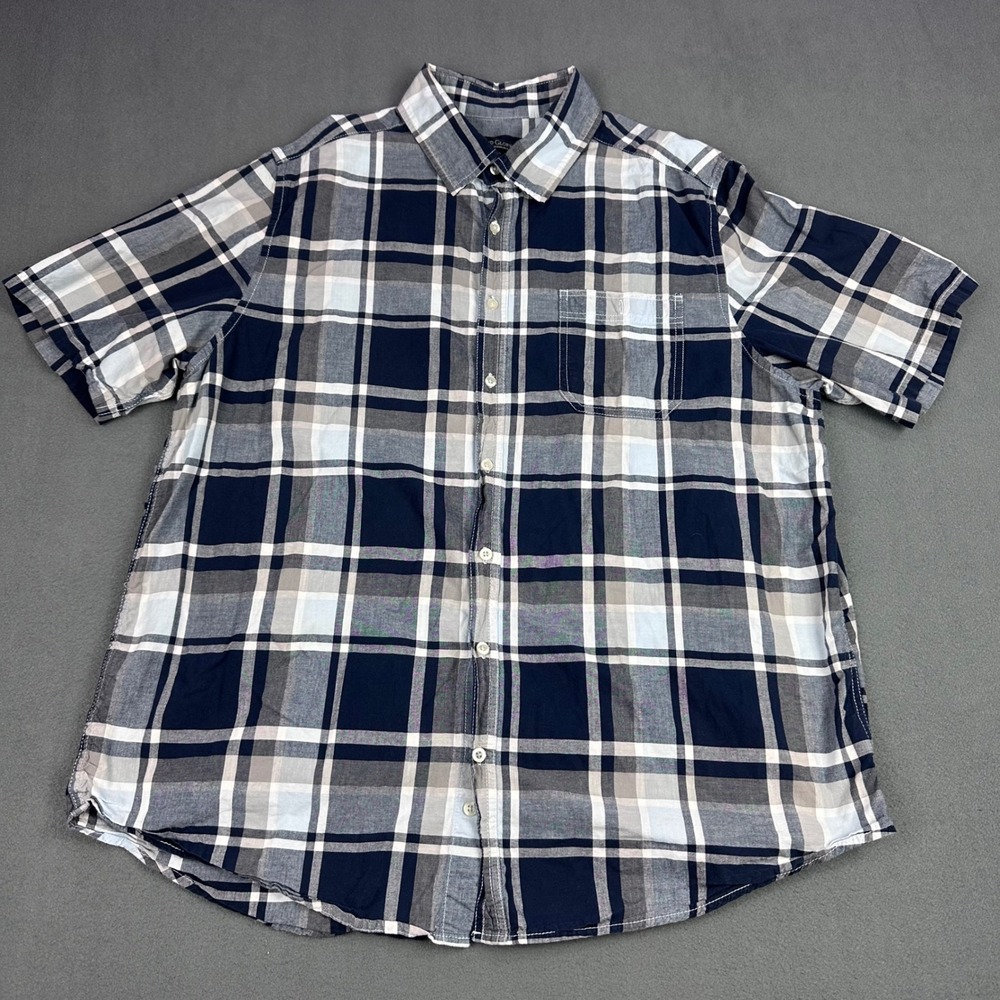 Faded Glory Mens 2XL Plaid Button Down Shirt Navy Blue White Short Sleeve Cotton